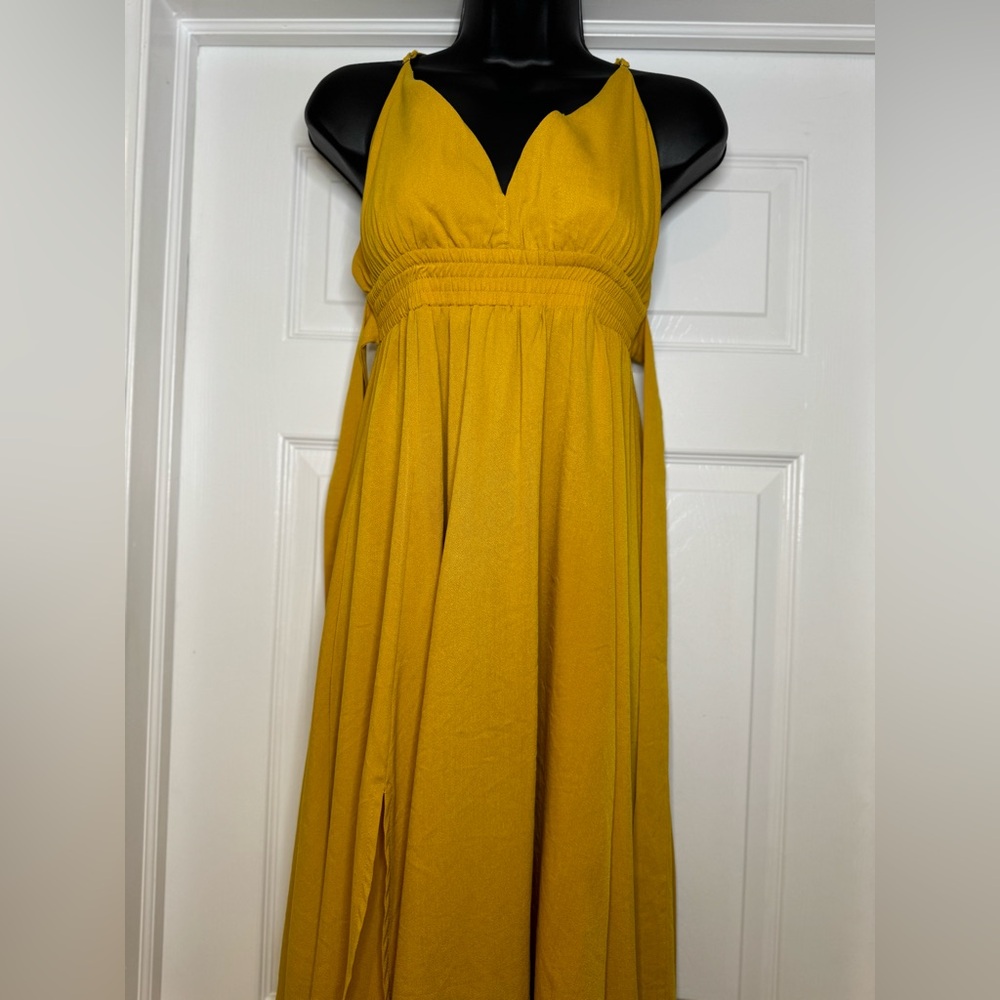 Fashion Nova River Flow Mustard Yellow V-Neck Tie-Waist Maxi Dress - Picture 8 of 10